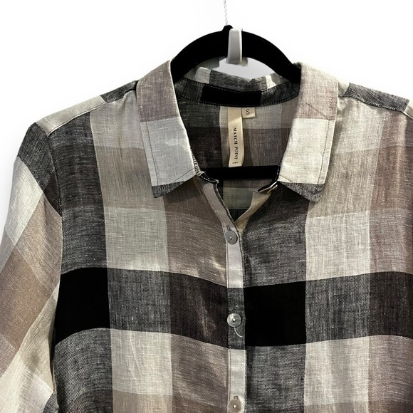 Match Point Shirt Dress 100% Linen Big Plaid Roll Tab Sleeves Black Beige Small - Picture 3 of 8